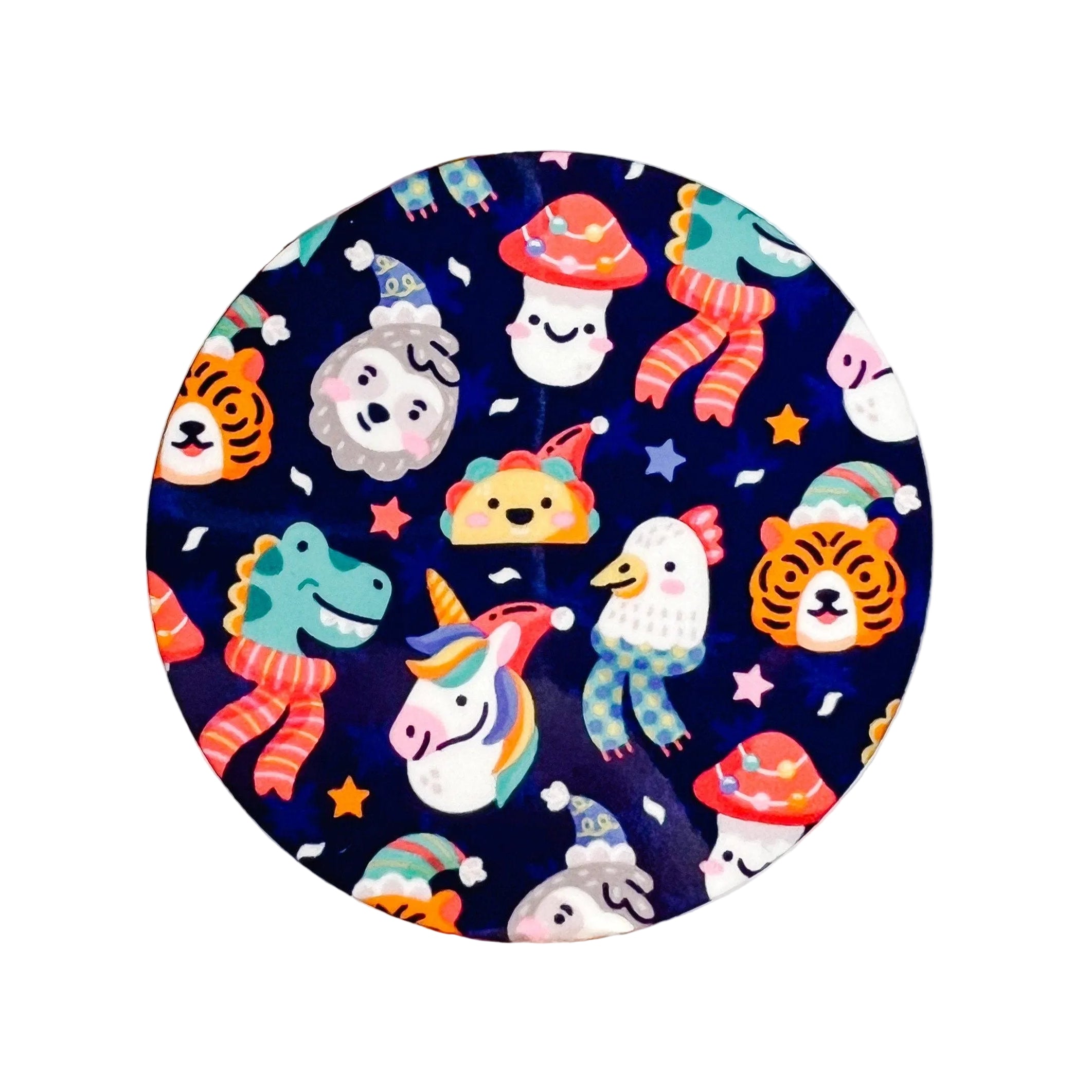 Winter Woodland Animals hard board add-on featuring a tiger, dinosaur, sloth, unicorn, eagle, bear, and festive mushroom wearing winter scarves and hats, compatible with interchangeable badge reel bases.
