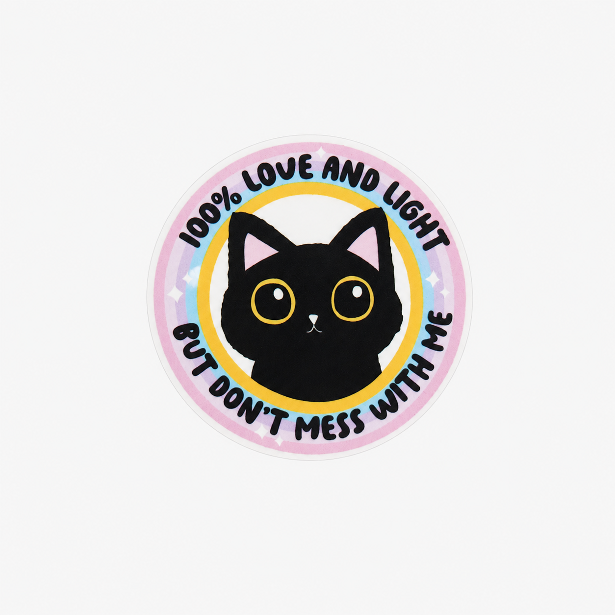 Plastic add-on featuring a black cat with the text "100% LOVE AND LIGHT BUT DON'T MESS WITH ME," compatible with interchangeable badge reel bases and perfect for cat lovers.