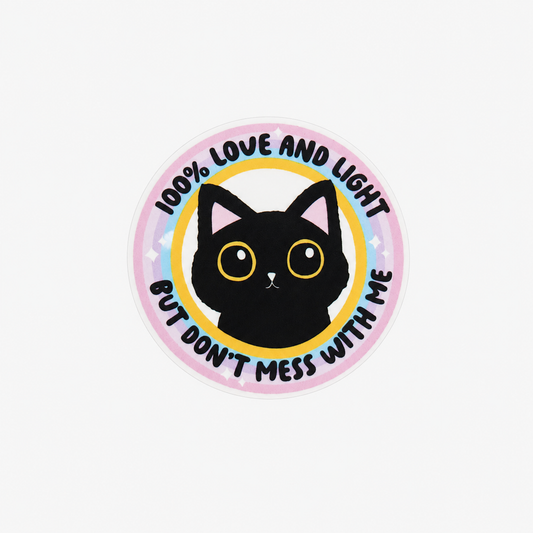 Plastic add-on featuring a black cat with the text "100% LOVE AND LIGHT BUT DON'T MESS WITH ME," compatible with interchangeable badge reel bases and perfect for cat lovers.
