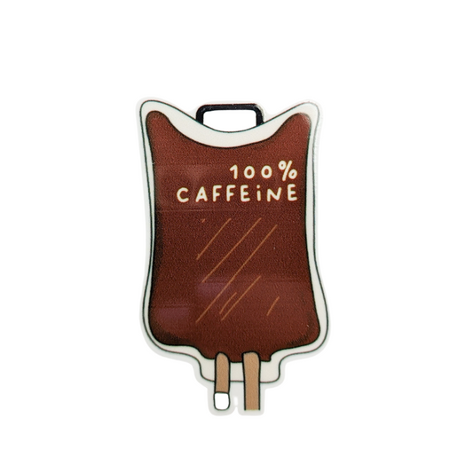 100% CAFFEINE plastic add-on featuring a coffee-inspired IV bag design, compatible with interchangeable badge reel bases and perfect for coffee lovers.