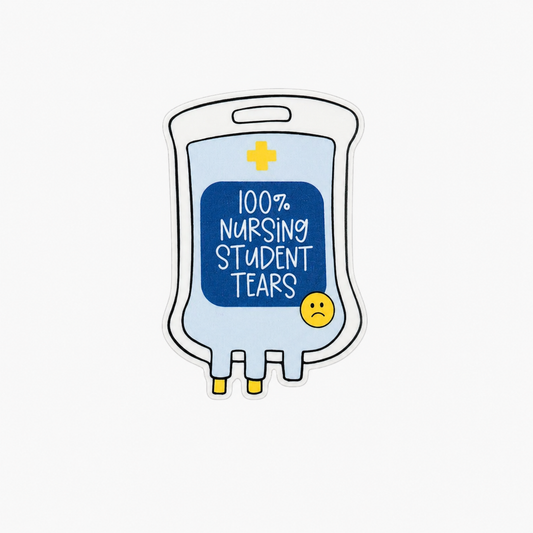 100% NURSING STUDENT TEARS plastic add-on featuring a humorous IV bag design, compatible with interchangeable badge reel bases and perfect for nursing students.