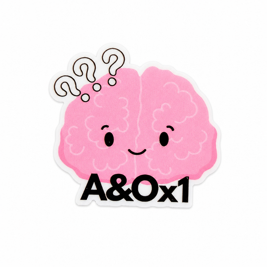 A&Ox1 plastic add-on featuring a cute smiling pink brain with question marks, compatible with interchangeable badge reel bases for anesthesia and healthcare professionals.