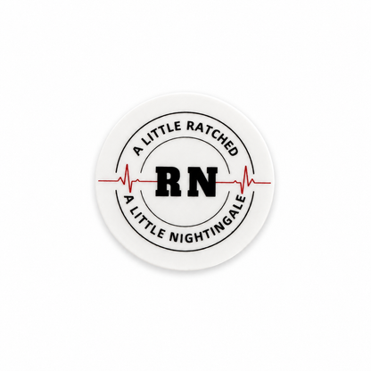 A Little Ratched RN A Little Nightingale plastic add-on featuring RN text and heartbeat design compatible with interchangeable badge reel bases