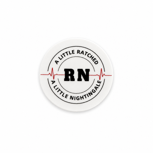 A Little Ratched RN A Little Nightingale plastic add-on featuring RN text and heartbeat design compatible with interchangeable badge reel bases