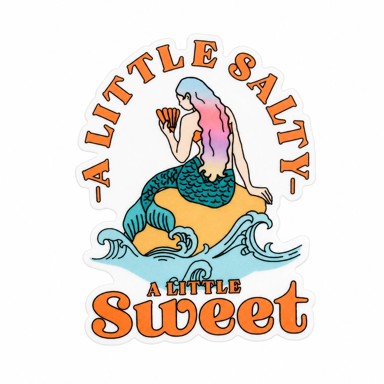 A LITTLE SALTY A LITTLE SWEET plastic add-on with mermaid, moon, and ocean waves, compatible with interchangeable badge reel bases.