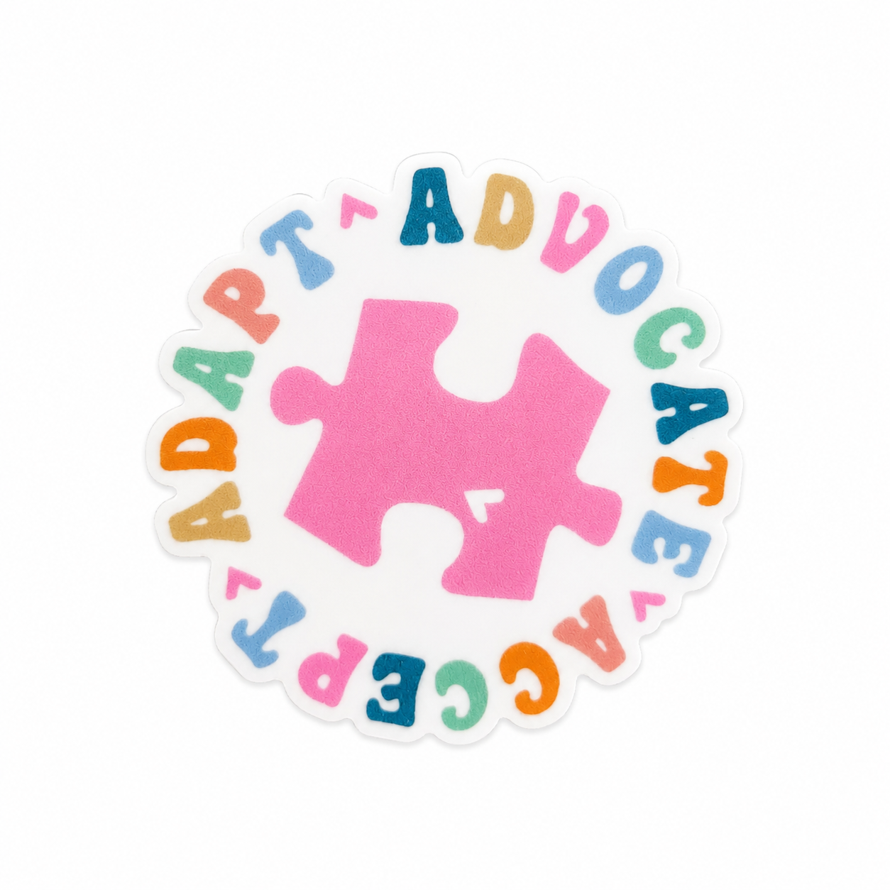 ADAPT ADVOCATE ACCEPT plastic add-on with pink puzzle piece and rainbow lettering, compatible with interchangeable badge reel bases for autism acceptance accessory style.