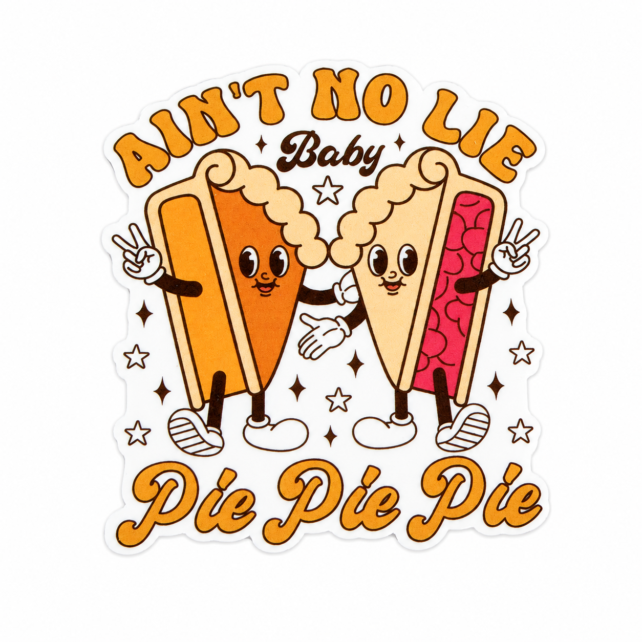 Plastic add-on featuring the phrase "AIN'T NO LIE Baby Pie Pie Pie" with cute smiling pie slices, compatible with interchangeable badge reel bases and perfect for pie lovers.