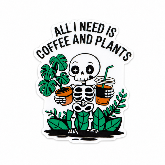ALL I NEED IS COFFEE AND PLANTS plastic add-on featuring a cute skeleton holding a coffee drink and potted monstera plant, compatible with interchangeable badge reel bases, coffee lover accessory.