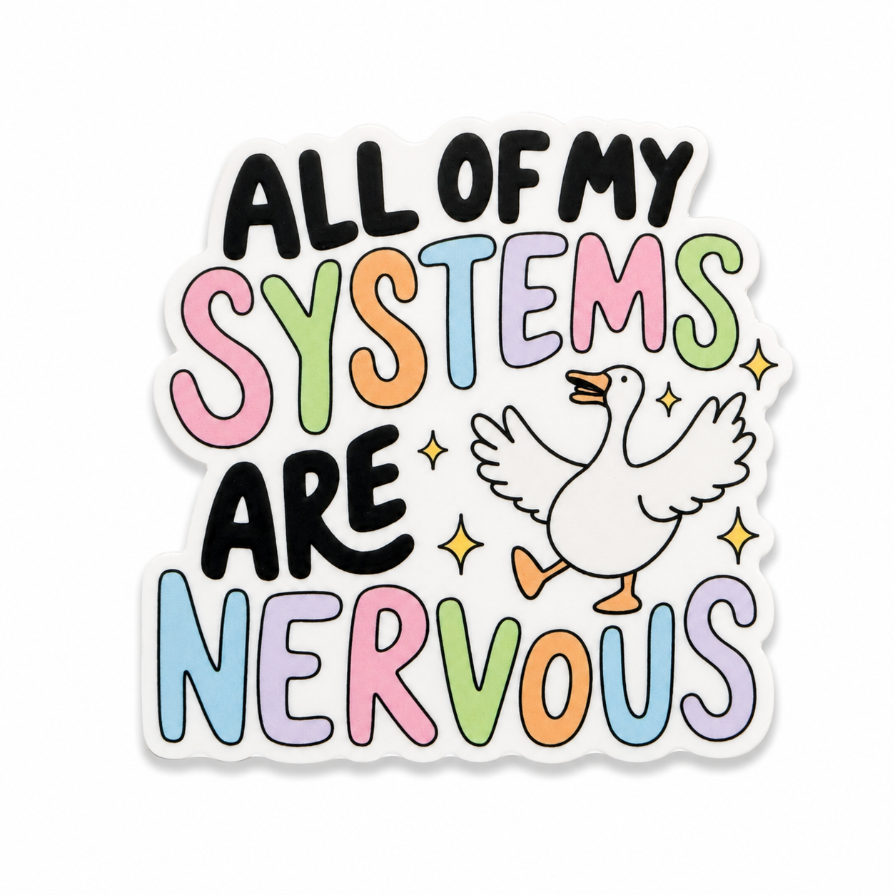 All Of My Systems Are Nervous plastic add-on featuring a cute goose with pastel lettering and sparkles, compatible with interchangeable badge reel bases, funny mental health accessory.
