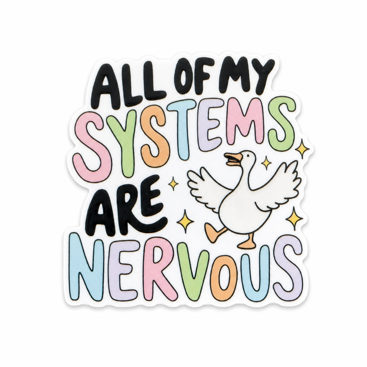 All Of My Systems Are Nervous plastic add-on featuring a cute goose with pastel lettering and sparkles, compatible with interchangeable badge reel bases, funny mental health accessory.