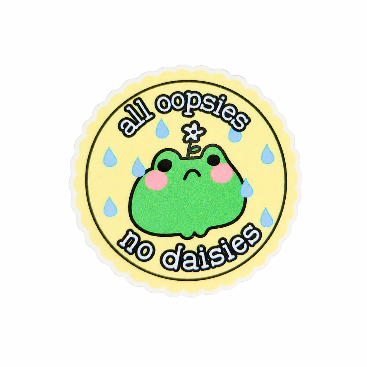All Oopsies No Daisies plastic add-on featuring a cute green frog with raindrops and flower accent, compatible with interchangeable badge reel bases, funny animal badge topper and frog lover accessory
