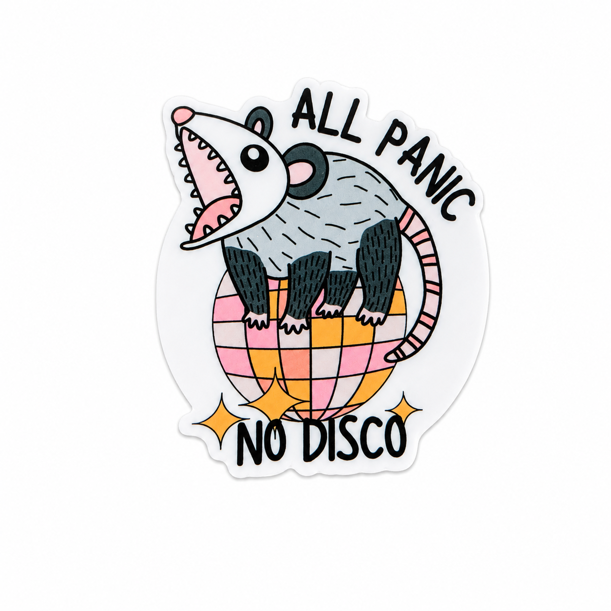 ALL PANIC NO DISCO plastic add-on featuring a possum standing on a pastel disco ball, compatible with interchangeable badge reel bases and perfect for funny animal lovers