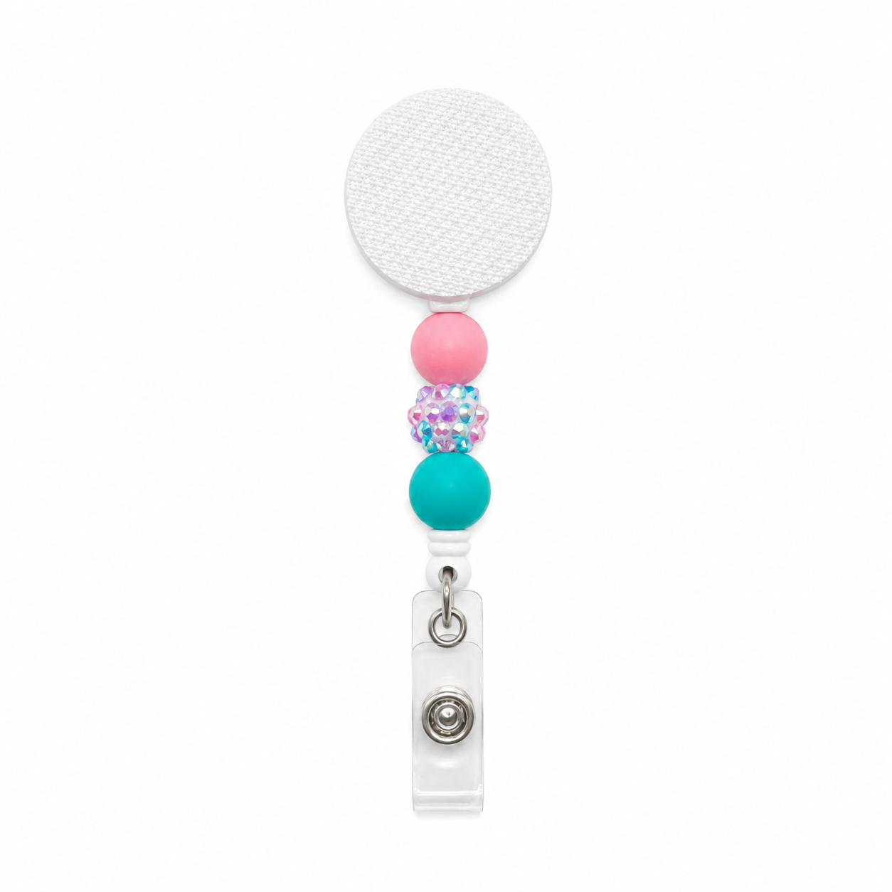 All That Glitters interchangeable beaded badge reel featuring pink, teal, and iridescent glitter beads on a white retractable badge reel.