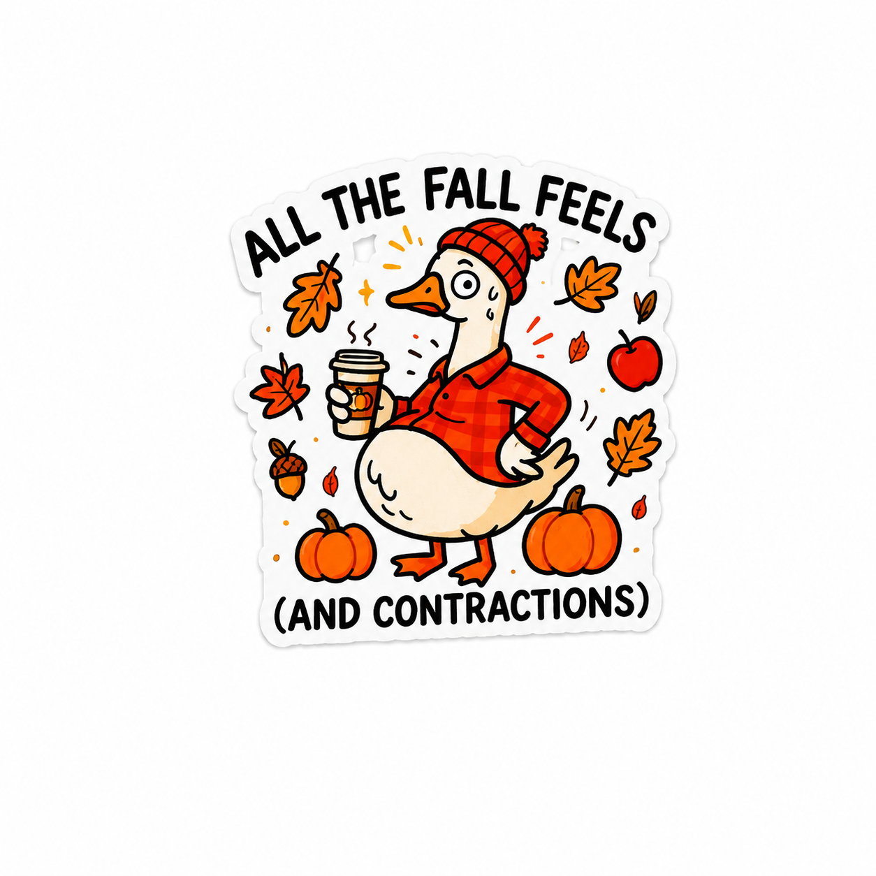 All the Fall Feels and Contractions goose plastic add-on with pumpkins, coffee, and autumn leaves for compatible interchangeable badge reel bases
