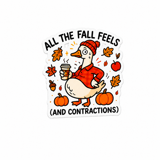 All the Fall Feels and Contractions goose plastic add-on with pumpkins, coffee, and autumn leaves for compatible interchangeable badge reel bases