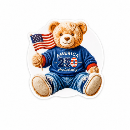 AMERICA 250 Anniversary plastic add-on featuring a teddy bear holding an American flag and wearing a patriotic 1776–2026 anniversary sweater, compatible with interchangeable badge reel bases.