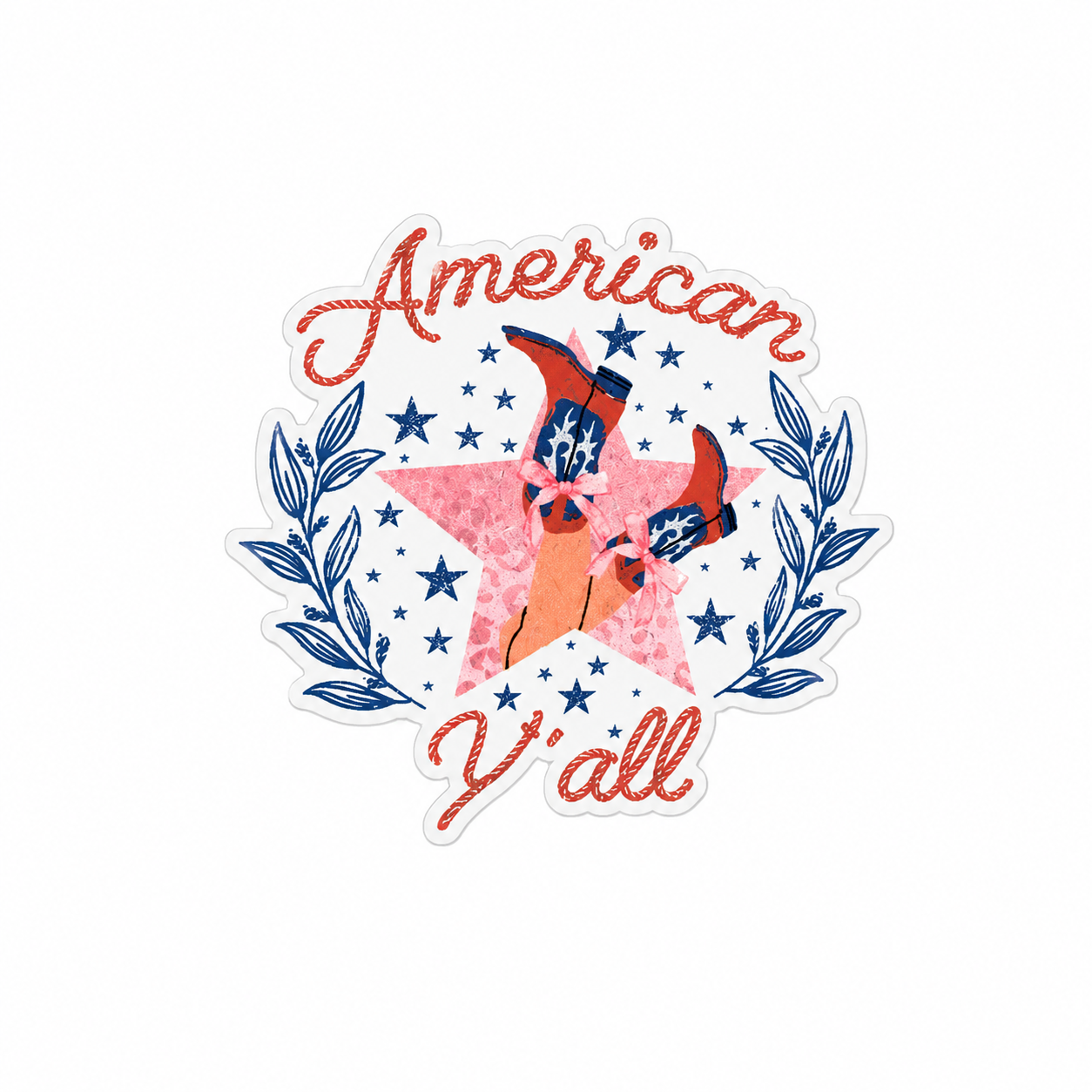 American Y'all plastic add-on featuring a patriotic Highland cow with star sunglasses, pink star background, and western Americana design compatible with interchangeable badge reel bases