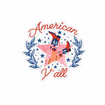 American Y'all plastic add-on featuring a patriotic Highland cow with star sunglasses, pink star background, and western Americana design compatible with interchangeable badge reel bases