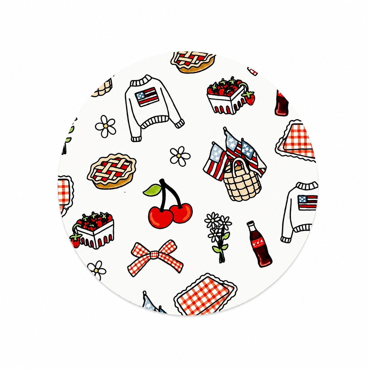 Americana Picnic hard board add-on featuring patriotic picnic baskets, cherries, gingham, pies, and red white and blue details, compatible with interchangeable badge reel bases.