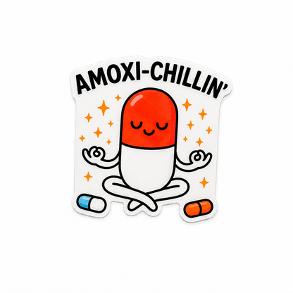 Amoxi-Chillin’ pharmacy plastic add-on with cute capsule character and medication humor design, made as a funny healthcare worker accessory compatible with interchangeable badge reel bases