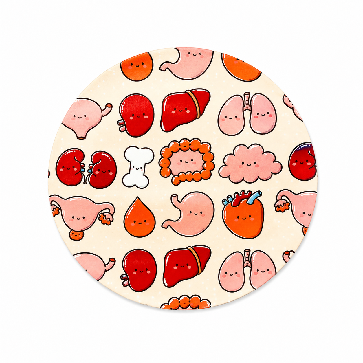 Cute anatomy organs hard board add-on featuring smiling lungs, kidneys, liver, stomach, bladder, blood drop, and bone, compatible with interchangeable badge reel bases.