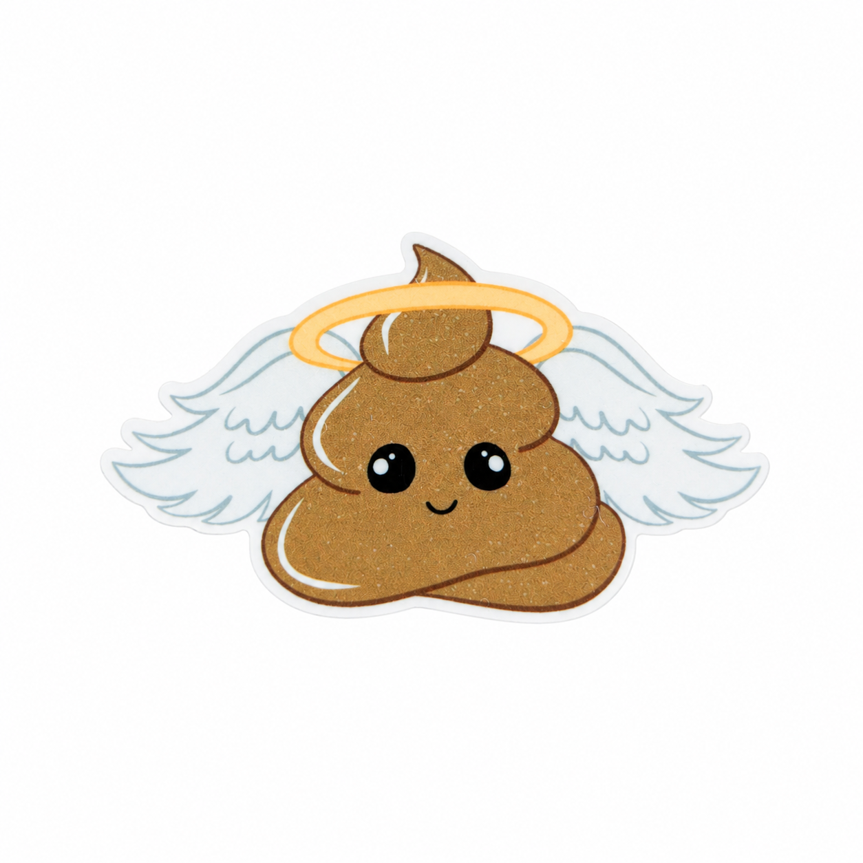 Angel poop plastic add-on featuring a smiling poop character with wings and halo, compatible with interchangeable badge reel bases, funny cute badge topper accessory