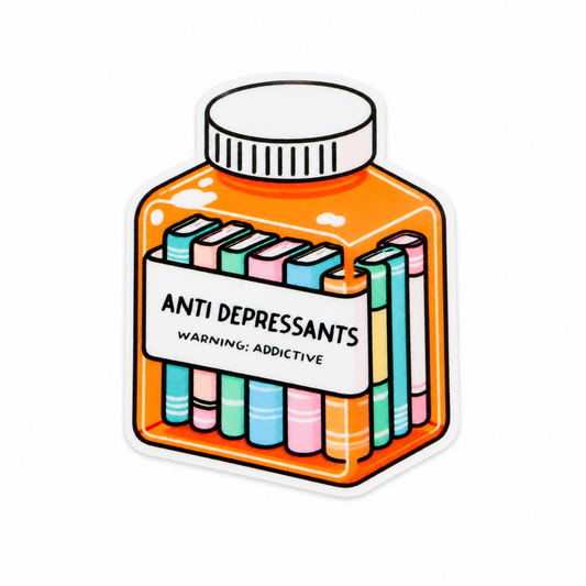 Plastic add-on featuring a pill bottle filled with books and the text "ANTI DEPRESSANTS WARNING: ADDICTIVE," compatible with interchangeable badge reel bases and perfect for book lovers.