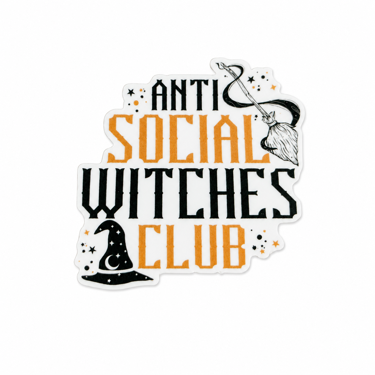 ANTI SOCIAL WITCHES CLUB plastic add-on featuring a witch hat, broom, and magical stars, compatible with interchangeable badge reel bases for spooky season lovers.