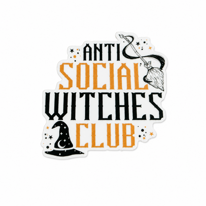 ANTI SOCIAL WITCHES CLUB plastic add-on featuring a witch hat, broom, and magical stars, compatible with interchangeable badge reel bases for spooky season lovers.