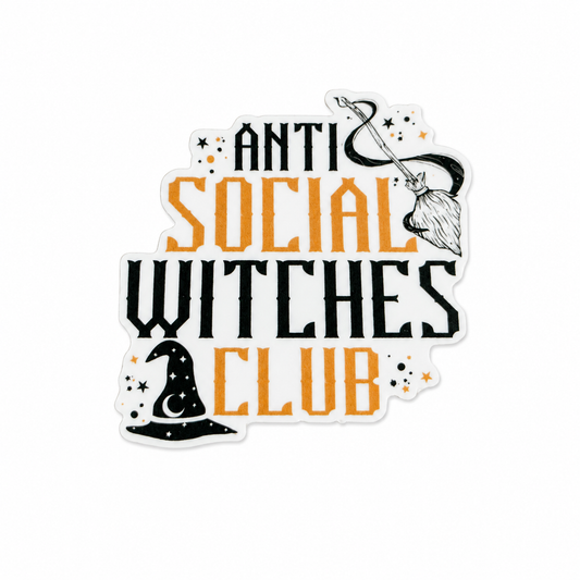 ANTI SOCIAL WITCHES CLUB plastic add-on featuring a witch hat, broom, and magical stars, compatible with interchangeable badge reel bases for spooky season lovers.