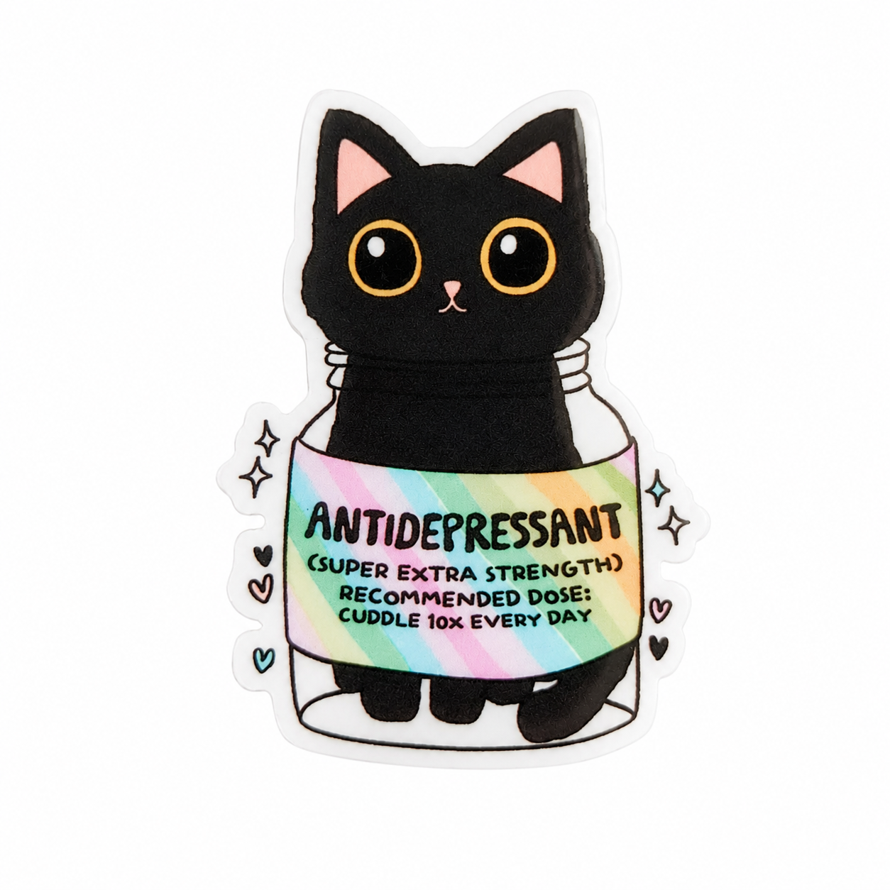 ANTIDEPRESSANT plastic add-on with black cat and cuddle dose label, compatible with interchangeable badge reel bases.