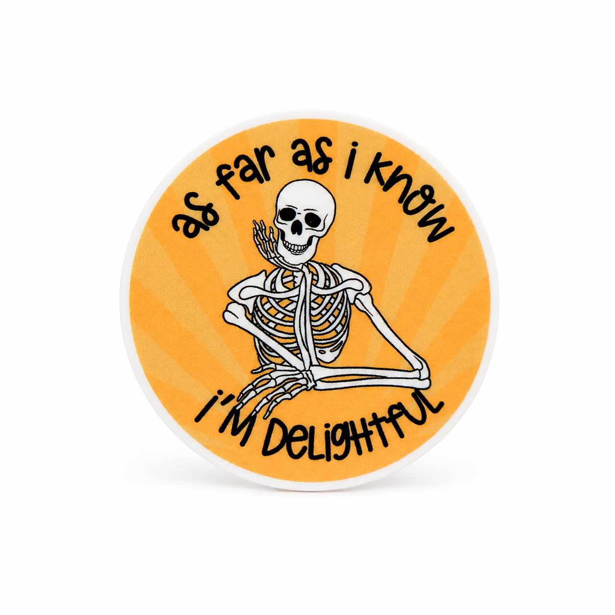 As far as I know, I'm delightful funny skeleton gift plastic add-on with an orange sunburst, compatible with interchangeable badge reel bases.