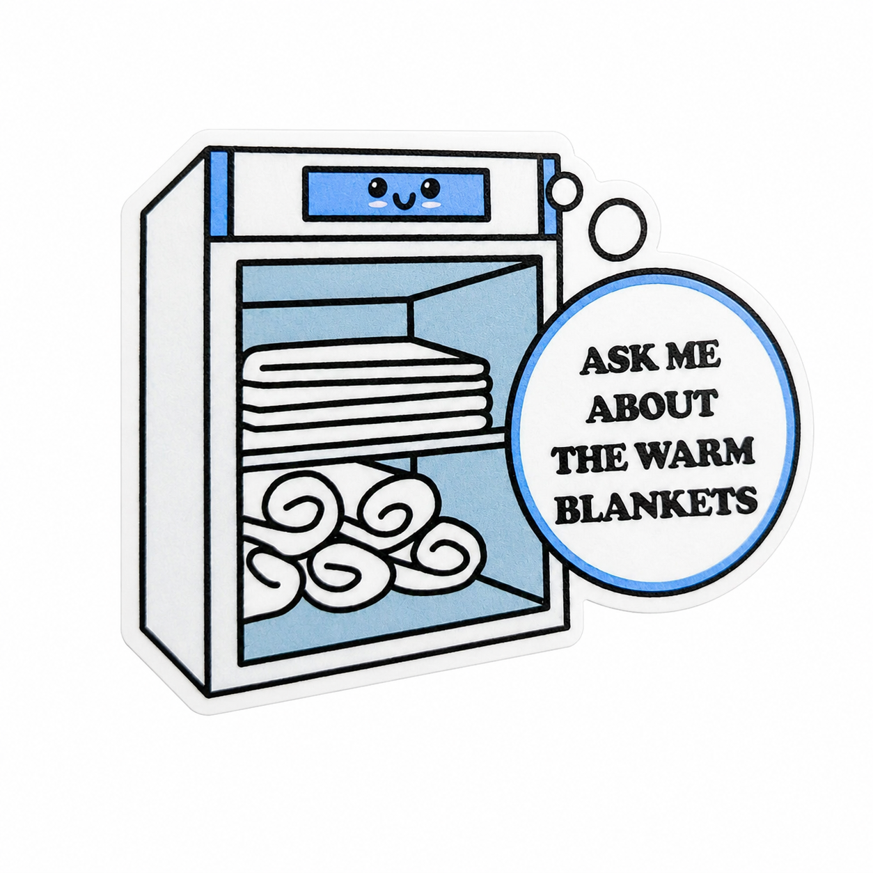 ASK ME ABOUT THE WARM BLANKETS plastic add-on with blanket warmer and folded blankets, compatible with interchangeable badge reel bases.