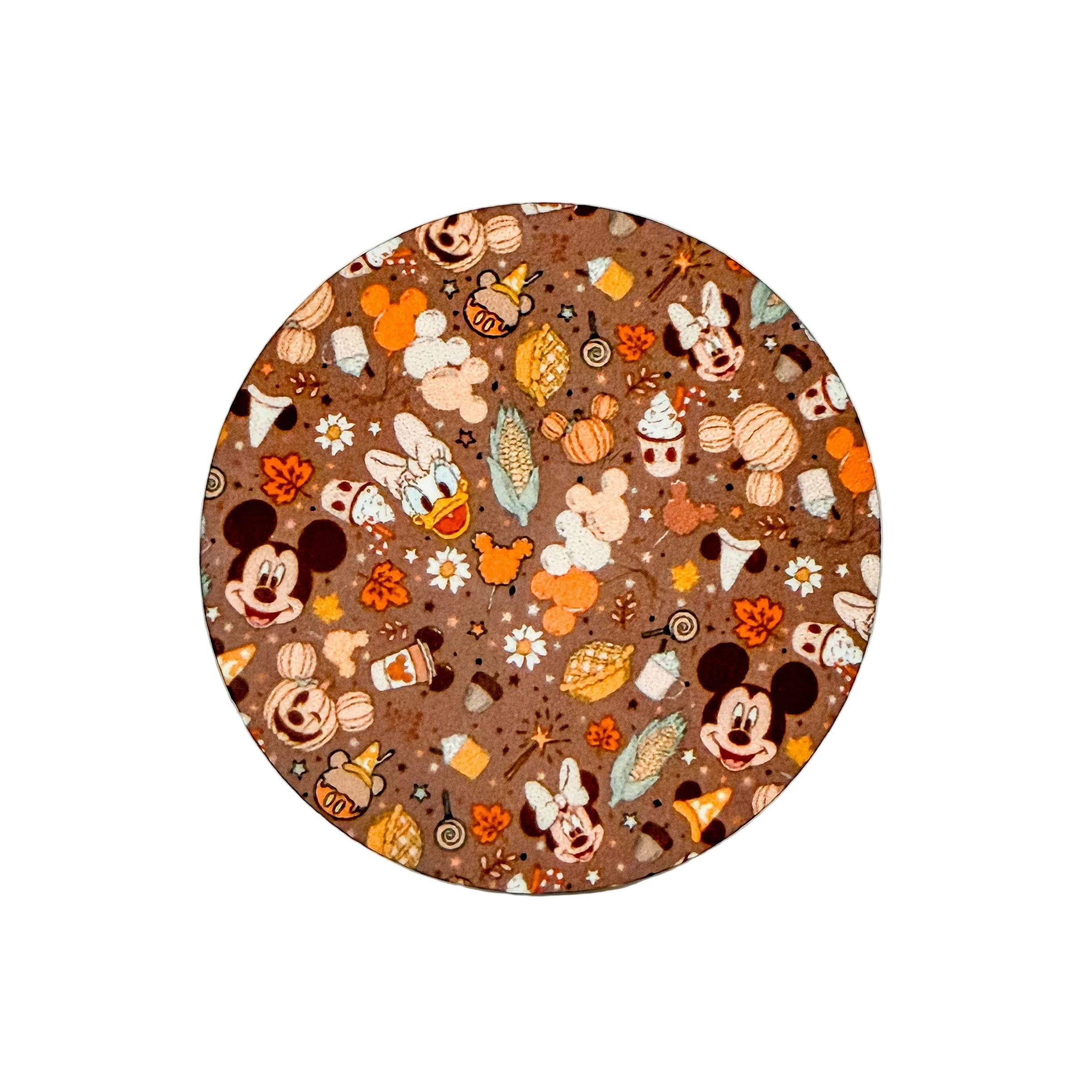 Autumn Mickey Mouse hard board add-on featuring Disney-inspired characters, pumpkins, coffee, leaves, acorns, and fall treats, compatible with interchangeable badge reel bases.