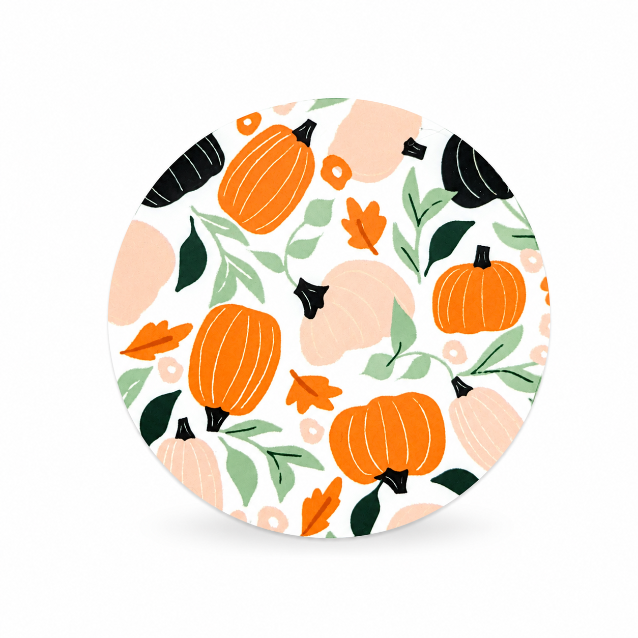 Autumn pumpkin floral hard board add-on featuring orange, cream, and black pumpkins with green leaves and fall foliage, compatible with interchangeable badge reel bases.