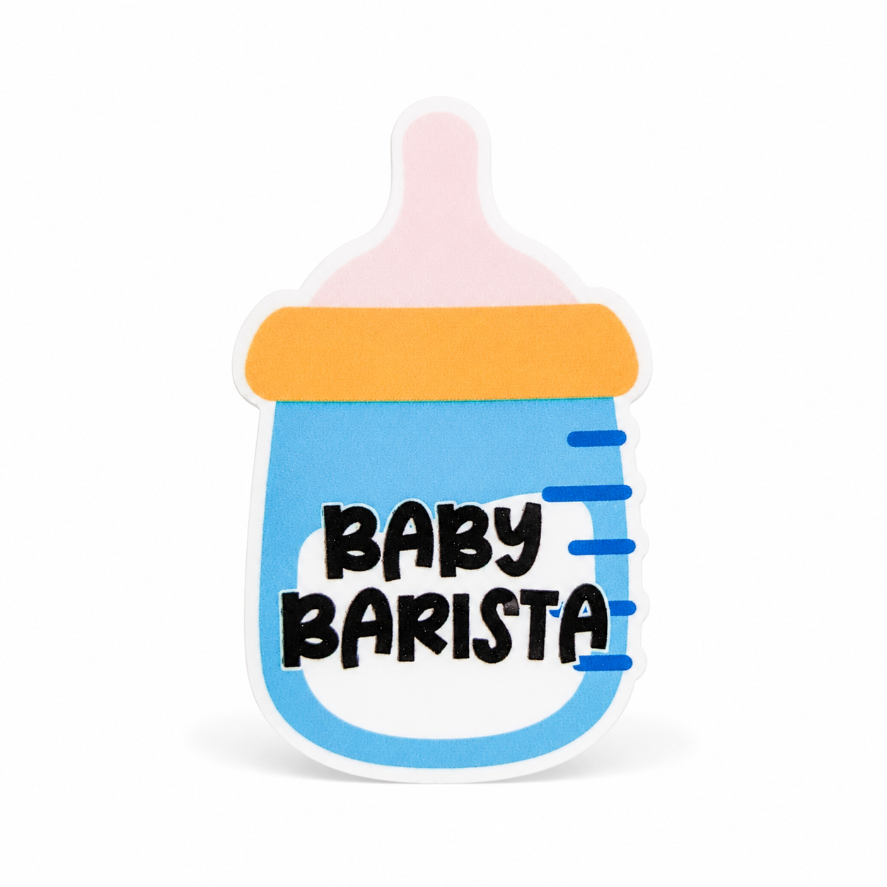 Baby Barista plastic add-on with a blue baby bottle design for NICU nurses, compatible with interchangeable badge reel bases