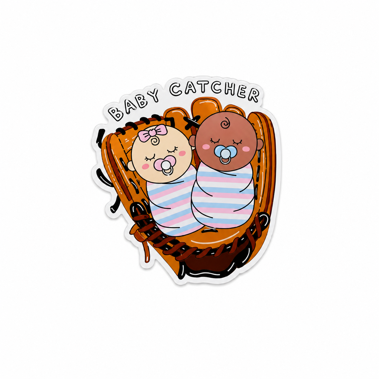 Baby Catcher labor and delivery plastic add-on with two swaddled babies in a catcher’s mitt, compatible with interchangeable badge reel bases