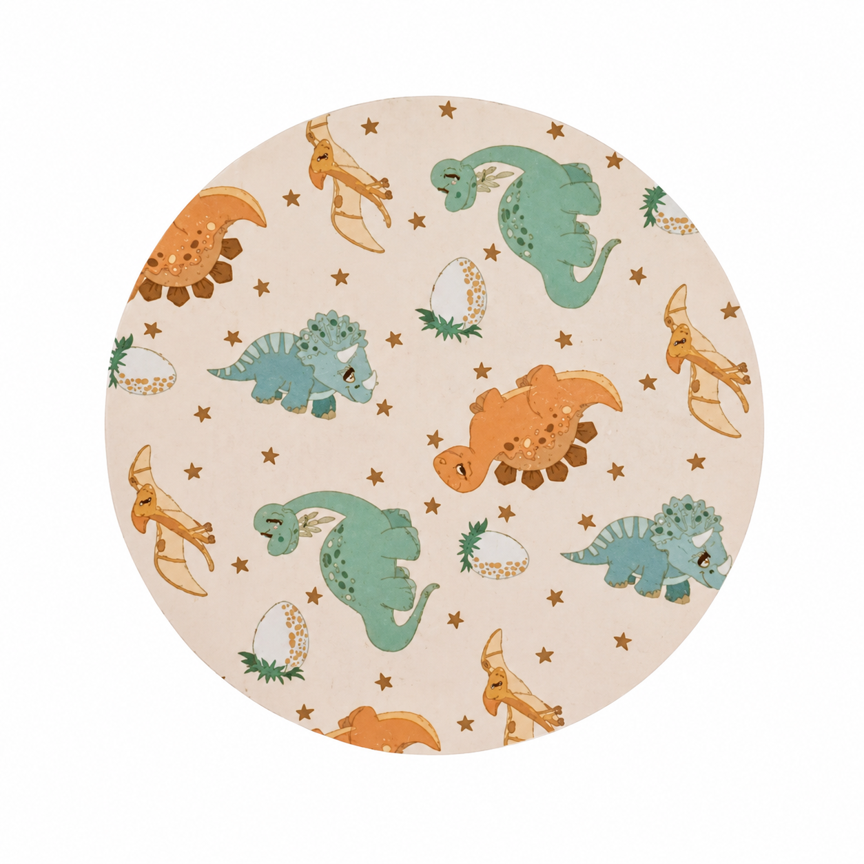 Pastel Dinosaurs hard board add-on featuring cute baby dinosaurs, dinosaur eggs, fossils, and stars in soft pastel colors, compatible with interchangeable badge reel bases.