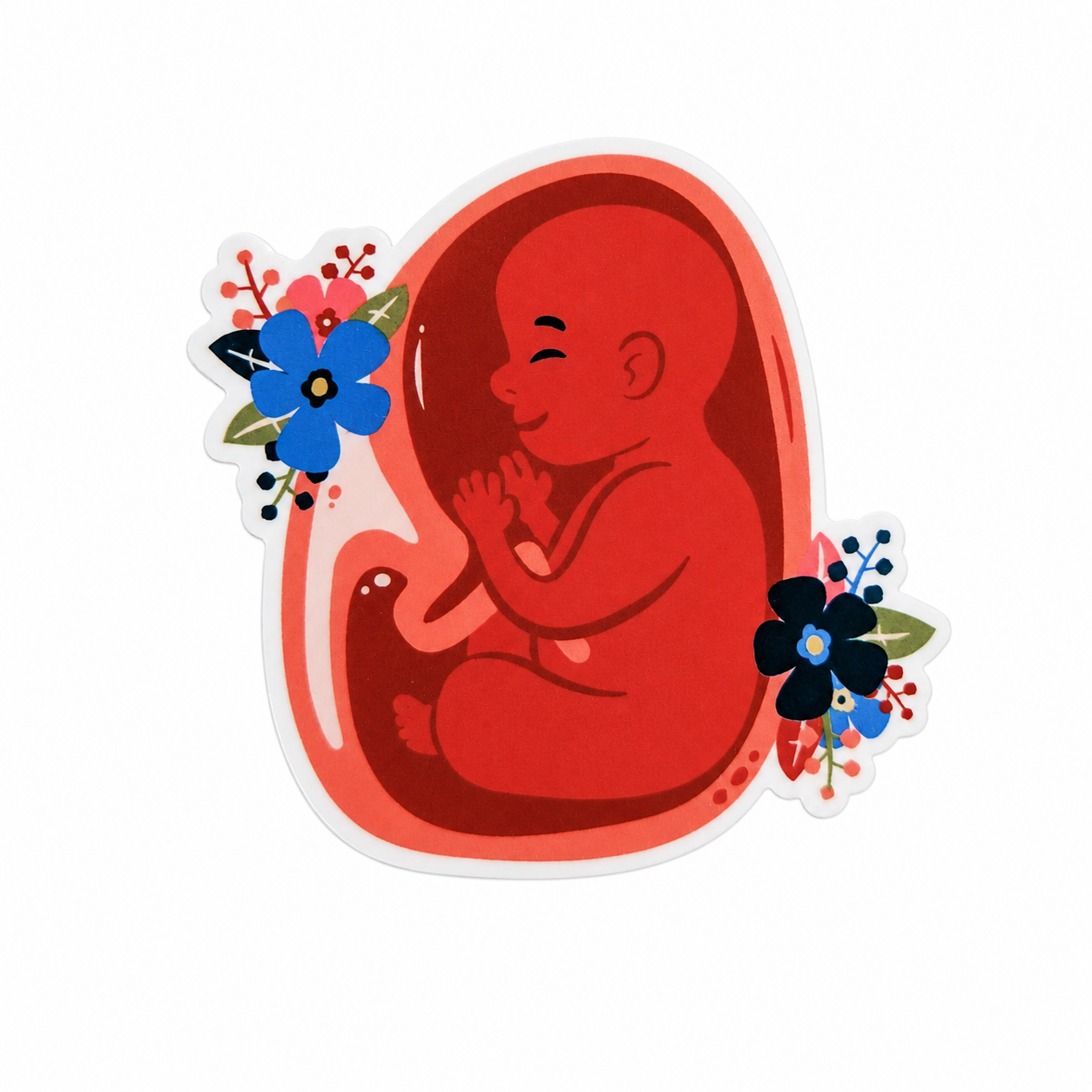 Baby in utero plastic add-on with red womb design and blue flowers, compatible with interchangeable badge reel bases
