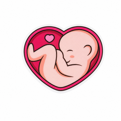Baby in utero plastic add-on with pink heart design, compatible with interchangeable badge reel bases for labor and delivery nurse accessory style.