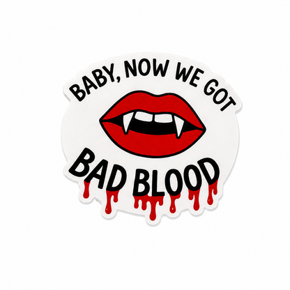 Baby Now We Got Bad Blood plastic add-on featuring vampire lips and dripping spooky Halloween design compatible with interchangeable badge reel bases