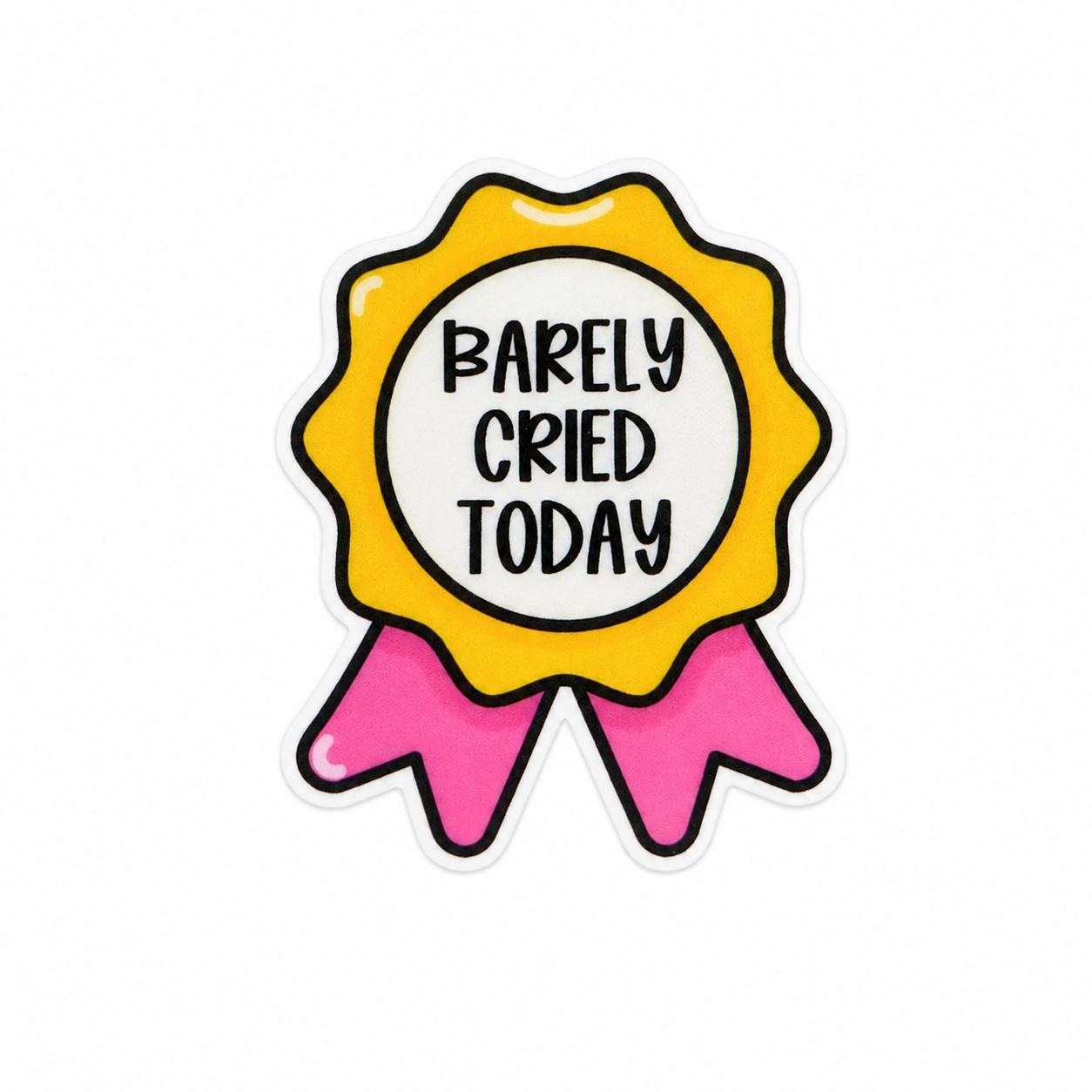 Plastic add-on featuring a yellow and pink award ribbon with the text "BARELY CRIED TODAY," compatible with interchangeable badge reel bases and perfect for workplace humor lovers.