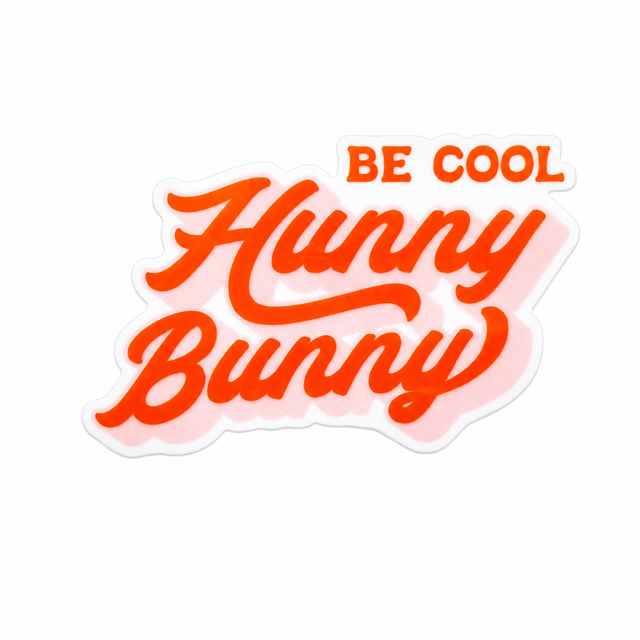 BE COOL Hunny Bunny plastic add-on with orange retro lettering and pink shadow, compatible with interchangeable badge reel bases.