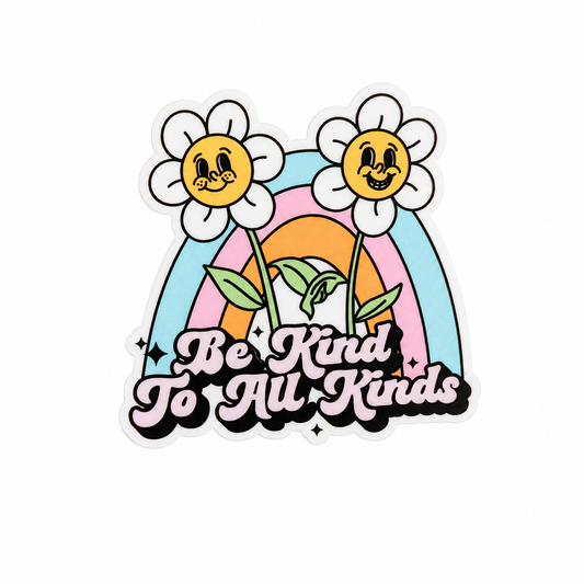 Be Kind To All Kinds plastic add-on with smiling daisies and pastel rainbow design, compatible with interchangeable badge reel bases for a kindness floral accessory.