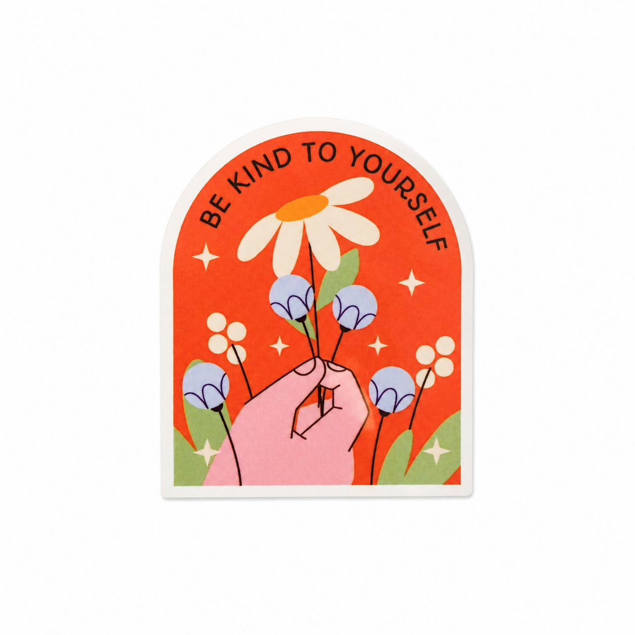 BE KIND TO YOURSELF plastic add-on with hand holding daisy and floral design, compatible with interchangeable badge reel bases for a self care floral accessory.