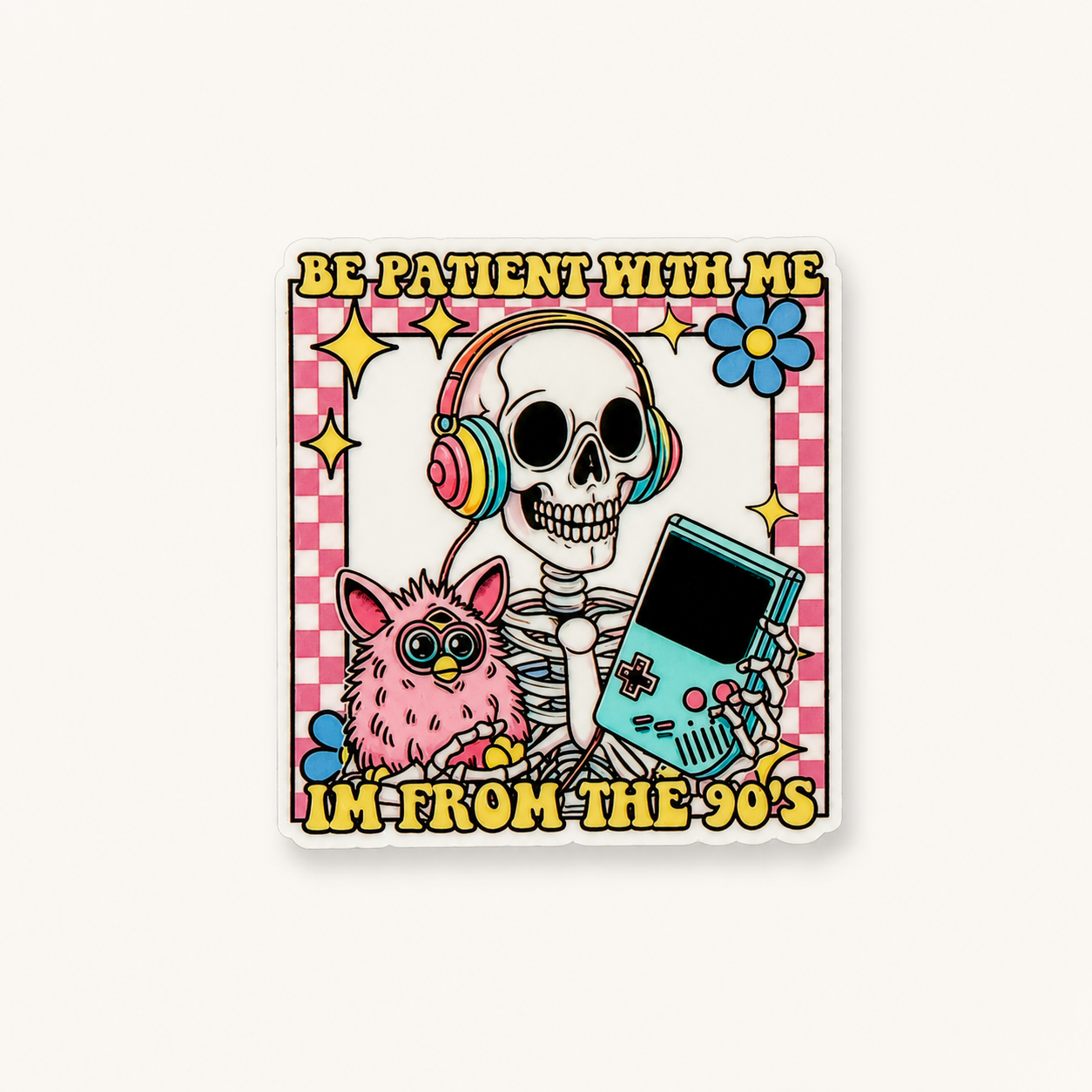 Retro “Be Patient With Me I’m From the 90s” sticker featuring skeleton with headphones, handheld game console, and nostalgic kawaii aesthetic.