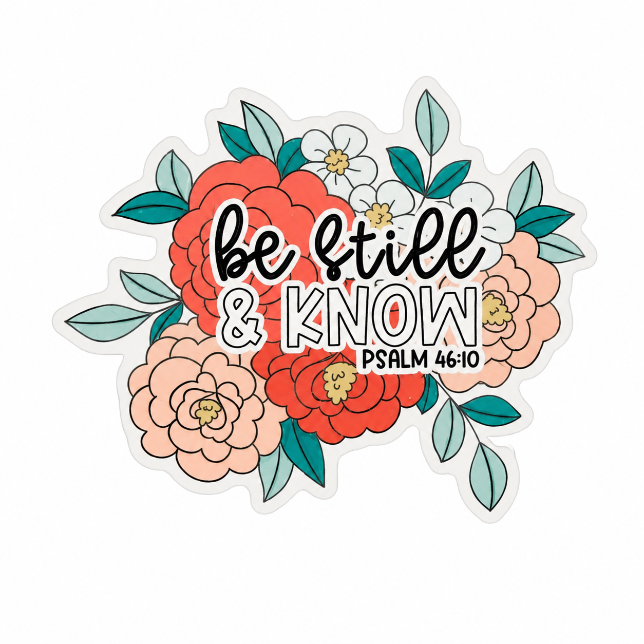 Be Still & Know Psalm 46:10 plastic add-on with coral and peach floral design, compatible with interchangeable badge reel bases as a religious floral accessory.