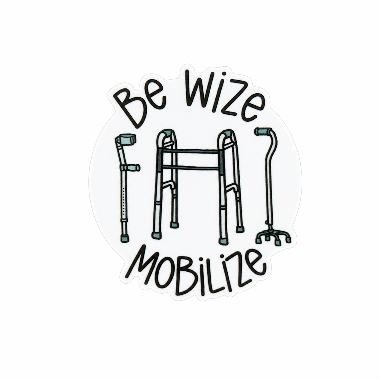 Be Wize Mobilize plastic add-on featuring a walker, cane, and quad cane design, compatible with interchangeable badge reel bases, physical therapy accessory for rehabilitation professionals.