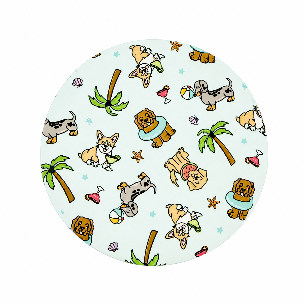 Beach Dogs hard board add-on featuring adorable dogs, palm trees, seashells, beach balls and tropical beach elements, compatible with interchangeable badge reel bases.