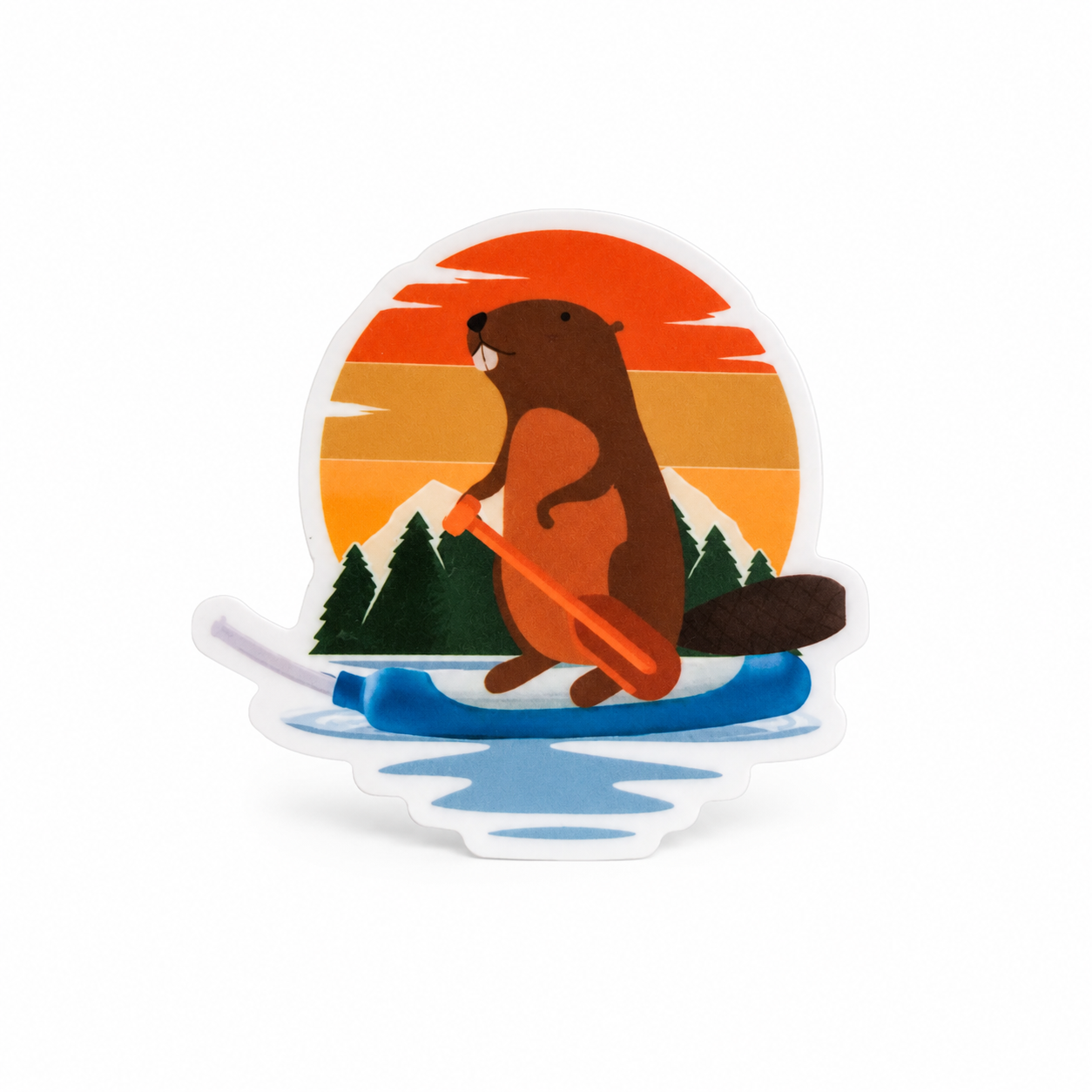 Beaver lover plastic add-on featuring a cute beaver paddling a canoe on a lake with a retro sunset, compatible with interchangeable badge reel bases.